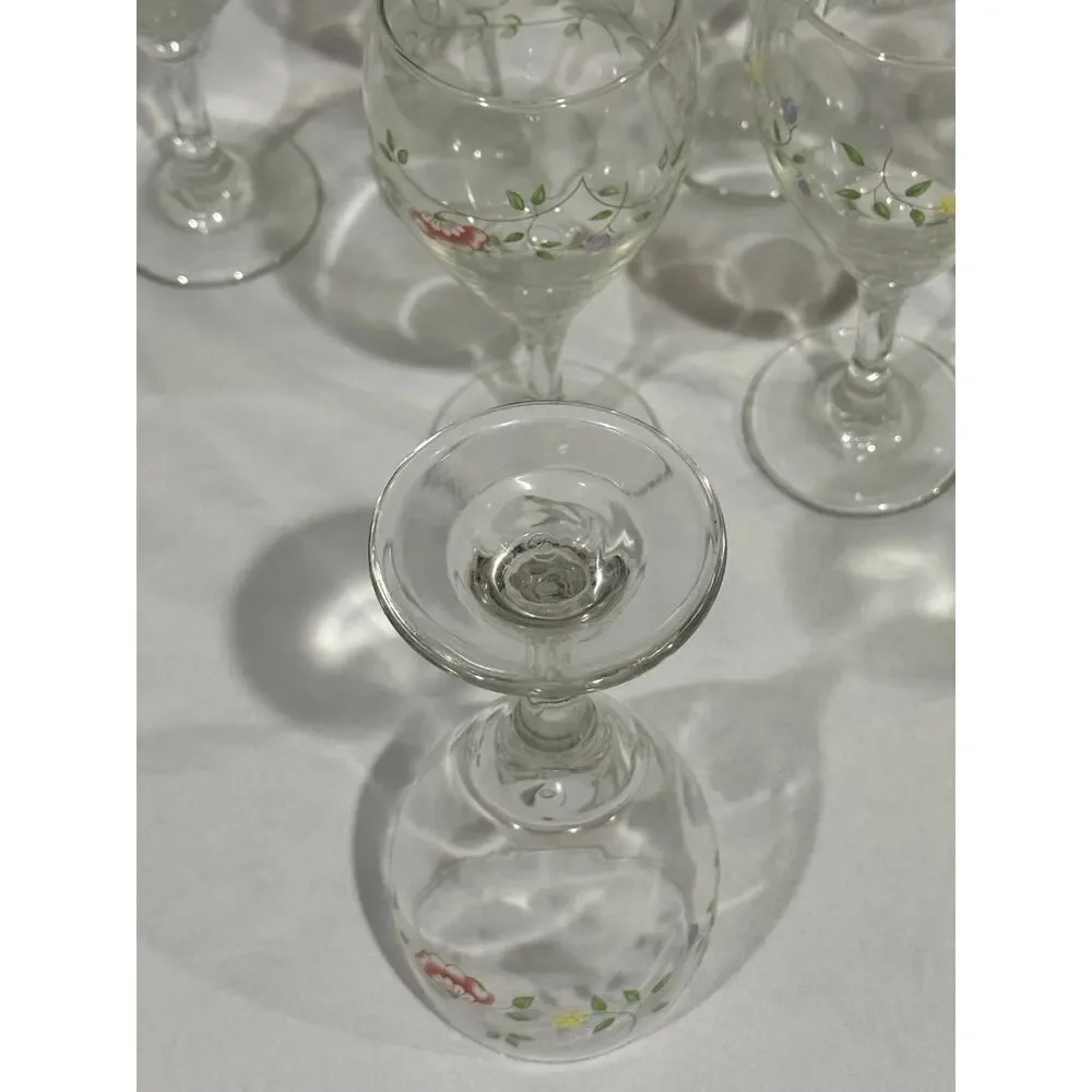Set of 8 Vintage Libbey Floral Stemmed Wine Glasses Pastel Flower Vine Pattern